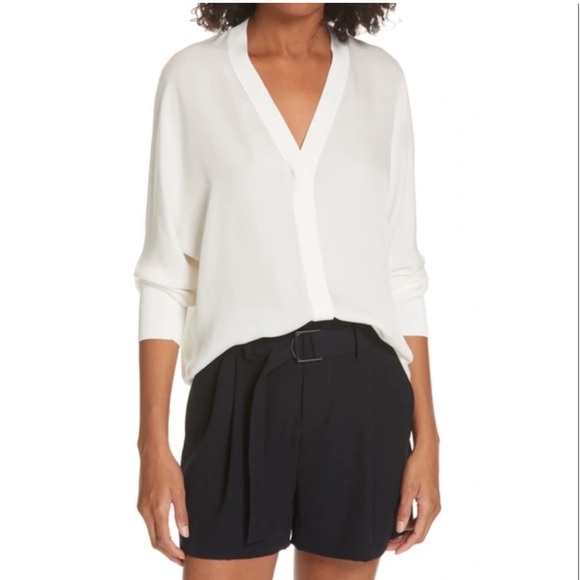 VINCE V-Neck Rib Trim Silk Blouse in Off White - Picture 5 of 13